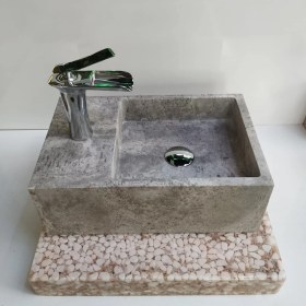 Resim Mym Mermer Yapı Market Gümüş Traverten Batarya Çıkışlı Köşeli Lavabo 