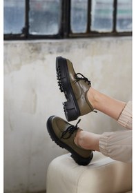Resim Piona Yeşil Kalın Tabanlı Bağcıklı Kadın Hakiki Deri Loafer Yeşil 