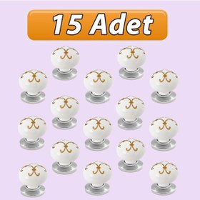 Resim 15 Adet Defne Altın Çizgili Beyaz Polimer Düğme Kulp Krom Tablalı Mobilya Mutfak Dolabı Çekmece Kulbu Kulpları 