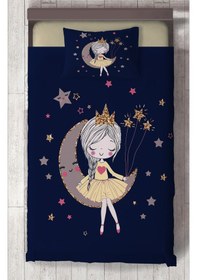 Resim Mekta Home Bebek Ve Çocuk Odası Ayda Oturan Prenses Kız Desenli Lacivert Yatak Örtüsü Renkli 