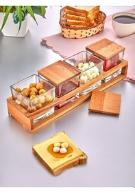 Resim İliva 4 Bölmeli Ahşap Standlı Kapaklı Cam Lüx Kare Kahvaltılık Çerezlik Ahşap - Şeffaf 