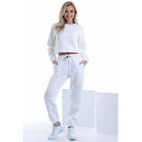 Resim Beli Büzgülü Cepli Rahat Jogger Eşofman Altı Beyaz 