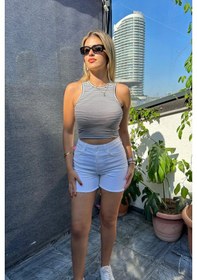 Resim Kadın Halter Yaka Çizgili Crop/bluz Çizgili 