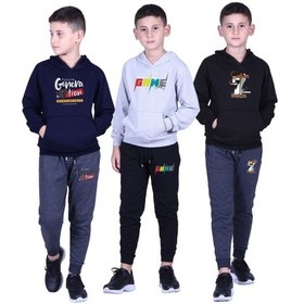 Resim Fyk Kids 3'lü Erkek Çocuk Kapüşonlu Baskı Detaylı Eşofman Takımı Lacivert Füme Gri Siyah Siyah Füme 