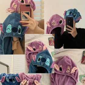 Resim 1 Adet Disney Stitch Mercan Polar Bandana - Yetişkinler İçin Hızlı Kuruyan Emici Saç Havlusu Sarma, Yumuşak Sıcak Türban Tarzı Tasarım ve Stitch Yüzü Baskılı, Mavi & Mor Karikatür Desenli Ev, Yurt, Seyahat için 