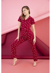 Resim Kadın Düğmeli Desenli Pijama Takımı Bordo 1974 Waynap Bordo 