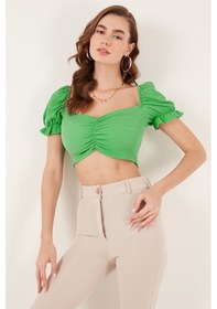 Resim Lela Slim Fit Büzgü Detaylı Kalp Yaka Crop Bayan Bluz 5865601 Benetton 