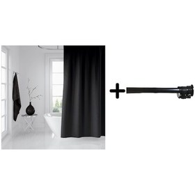 Resim Zethome Banyo Perdesi Siyah Duş Perdesi 180x200 Perde Borusu Askı Aparatı 120x200 Hediyeli Siyah 