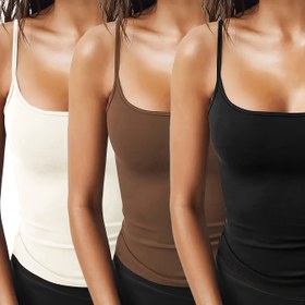 Resim 3 adet Kolsuz Atlet - Bej, Kahverengi ve Siyah Renklerde Rahat, Seksi ve Ciltine Uygun Temel Atletler, Polyester Örgü Kumaş, Tüm Mevsimler İçin Uygun, Kemer ve Yaka Yok, Tüm Mevsimler İçin Uygun Atletler|Minimalist Tarz|Esnek Kumaş 