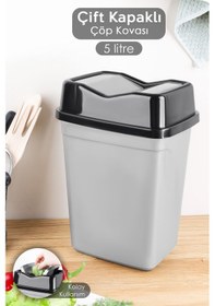 Resim Çift Kapaklı Kelebek Çöp Kovası - Tezgah Üstü Çöp Kovası Banyo Mutfak Çöp Kovası 5 Litre Gri 