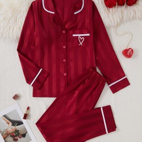 Resim Kadın Uzun Kollu, Uzun Pantolon Pijama Takımı, Sonbahar ve Kış İçin Jakarlı Şeritli, 2 Parça Rahat Giyim Kıyafeti. 