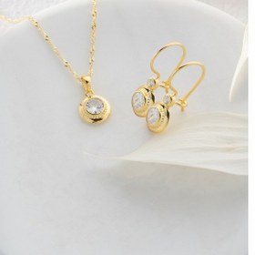 Resim Nereze 925 Ayar Gümüş Burgu Zincirli Gold Tektaş Model Küpe ve Kolye Set 