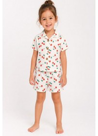 Resim Aden Kids Kiraz Desenli İnce Penye Kumaştan Üretilmiş Gömlek Yakalı Düğmeli Pijama Takım Kırmızı 