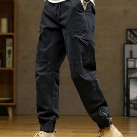 Resim Erkek Kore Stili Genç Moda Çok Yönlü Çok Cep Spor Tasarımı Elastik Bel Düğme Kargo Pantolon 201 