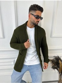 Resim Elku Moda Hırka Kalın Örgü Şal Yaka Cepli Panço Triko Hırka Yeşil 