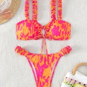 Resim Canlı Pembe & Turuncu Soyut Baskılı [Toplanmış Dokulu] Şık Omuz Açık Bağcıklı Kadın Bikini Takımı - Yüksek Bel, Esnek Polyester/Elastan Karışımı, Makinede Yıkanabilir Volanlı Detaylı Mayo, Yüzme Kıyafeti|Yüksek Bel Bikini|Esnek Kumaş Karışımı, Yüksek Bel Bikini Takımı 