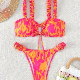 Resim Canlı Pembe & Turuncu Soyut Baskılı [Toplanmış Dokulu] Şık Omuz Açık Bağcıklı Kadın Bikini Takımı - Yüksek Bel, Esnek Polyester/Elastan Karışımı, Makinede Yıkanabilir Volanlı Detaylı Mayo, Yüzme Kıyafeti|Yüksek Bel Bikini|Esnek Kumaş Karışımı, Yüksek Bel Bikini Takımı 