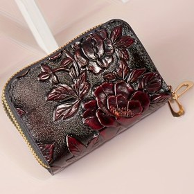 Resim 2025 Yeni Kadın Retro Çiçek Desenli Sentetik Deri Cüzdan - Altın Tonlu Toka, Çoklu Kart Yuvası ve Fermuarlı Bozuk Para Cebi, Kahve/Siyah 