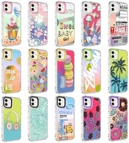 Resim PSR aksesuar NO5 Kamera Korumalı Renkli Desenli Sert Silikon Zore Korn Kılıf-NO5 iPhone 12 ile uyumlu 