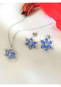 Resim Brezza Lusso Jewelry 925 Ayar Lotus Çiçeği Aquamarin Taşlı Kadın Gümüş Kolye Küpe Set 40813853 42 CM 42 CM 