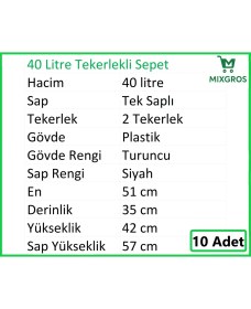 Resim Tekerlekli Plastik Market Alışveriş El Sepeti 40 Litre Turuncu 10 Adet 