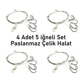 Resim Valkyrie 5 İğneli Paslanmaz Çelik Halatlı Dip Hırsız Olta Takımı 4’lü Set 10 Karbon Çelik İğne 