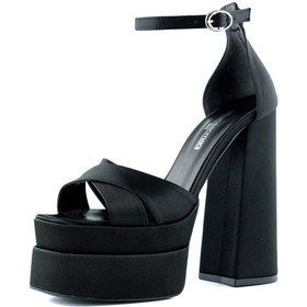 Resim Erkan Saçmacı Celine Siyah Saten Önü Açık Çapraz Bantlı Çift Platformlu Kalın Topuklu Abiye Ayakkabı Siyah 