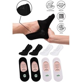 Resim Saysez Bambu Kadın Babet Siyah-beyaz Çorap Dikişsiz Görünmez Kaydırmaz Topuk Silikonlu Premium 4'lü Paket Renkli 