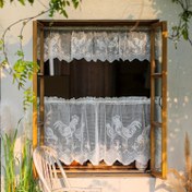 Resim 1 adet Valance/2 adet Cafe Perde Bej Dantel Perde Tül Horoz Desenli Mutfak Pencere Perdesi, Cadılar Bayramı Paskalya Tül Kapı Perdesi Çubuk Cep Kısa Perde Pencere Dekorasyonu Oturma Odası Ofis Ev Dekoru 