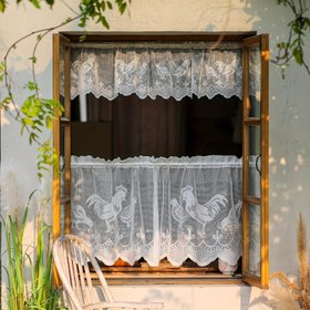Resim 1 adet Valance/2 adet Cafe Perde Bej Dantel Perde Tül Horoz Desenli Mutfak Pencere Perdesi, Cadılar Bayramı Paskalya Tül Kapı Perdesi Çubuk Cep Kısa Perde Pencere Dekorasyonu Oturma Odası Ofis Ev Dekoru 