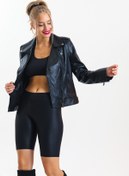 Resim wolfling Hakiki Kadın Siyah Spor Deri Mont 