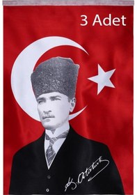 Resim Türk Bayrağı 3 Adet Kalpaklı Atatürk Posterli Saten Türk Bayrağı K.atatürk İmzalı Türk Bayrağı 70x100 