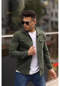 Resim Haki Renk Çıt Çıt Düğmeli Çift Cep Kot Gömlek Haki Yeşil 