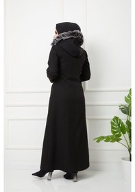 Resim Kmkkombin Kadın Boydan Fermuarlı Kapüşonu Kürklü Uzun Pardesü 