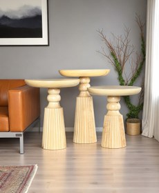 Resim AYLESA Doğal Ahşap 3’lü Set Mantar Yan Sehpa Modern Vernikli Fiskos Zigon Çiçeklik 