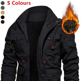 Resim Erkekler için Kalınlaştırılmış Orta Boy Kapüşonlu Ceket, Sıcak Kış Parkası, Dış Mekan Rahat Fermuarlı Çoklu Cepli Yürüyüş Ceketi, Çıkarılabilir Şapka 