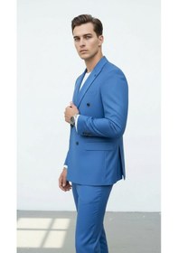 Resim Plus Scorpion Gold Düğmeli Kruvaze Erkek Blazer Ceket Premium Kumaş, Slim Fit Şıklık Bebe Mavisi 