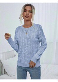 Resim Saç Örgülü Bisiklet Yaka Motifli Kol Detaylı Bebe Mavi Triko Kazak Bebe Mavi 