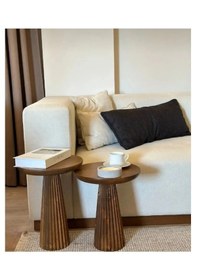 Resim Ahşap 2 Li Set Fitilli Mantar Yan Sehpa Modern Açık Ceviz Vernikl 