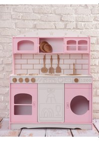 Resim Boyalı Pembe Ahşap Oyuncak Bulaşık Makine Detaylı Mutfak Tabak Ve Spatula Seti Hediye 