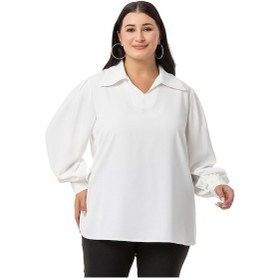 Resim Büyük Beden Gömlek Yaka Manşetli Yanı Yırtmaçlı Beyaz Bluz-beyaz Beyaz 