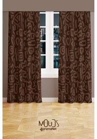Resim Kahverengi Semboller Desenli Süet Oturma Odası Salon Fon Perde Ekstrafor Büzgü 2 Kanat Prd-1077 Çok Renkli 
