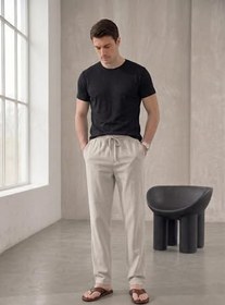 Resim TheSeason Erkek Pamuklu Keten Görünümlü Beli Bağcıklı Relaxed Fit Yazlık Pantolon 