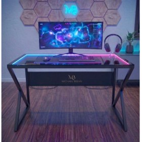 Resim Michael Brean Luxury Edition Cam Yüzey Ledli Oyuncu Masası 