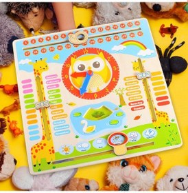 Resim Ahşap Dijital Saatli Takvim Baykuş Desenli İngilizce Yazılı Takvi 