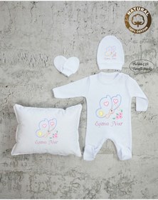 Resim yzc home size dair... K81 Ty Isme Özel Isimli Baskılı Bebek Tulum Şapka Eldiven Set Hastane Çıkışı 