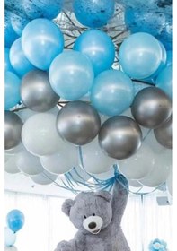 Resim 100 Adet Metalik Açık Mavi - Beyaz - Gümüş Gri Helyumla Uçabilen Balon Parlak Sedefli 