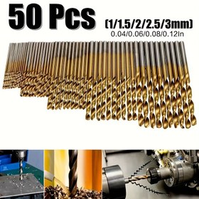 Resim 50 Adet Titanyum Kaplamalı Yüksek Hız Çelik Matkap Ucu Seti - Yüksek Kaliteli 135° Nokta, DIY El İşleri, Marangozluk ve Takı Yapımı İçin Uygun, Boyutlar 1/25" ile 1/8", Metal Silindirik 