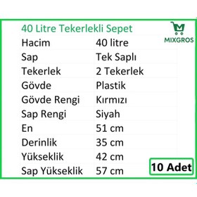 Resim Tekerlekli Plastik Market Alışveriş El Sepeti 40 Litre Kırmızı 10 Adet 