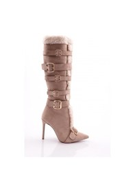 Resim Dgn 1121 Kadin Kemerli Topuklu Çizme 1121-2125-R0186 Bej Süet 